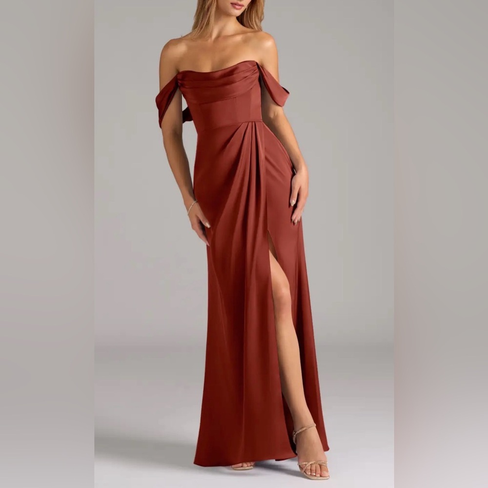 Azazie Off-Shoulder Rust Maxi Dress
